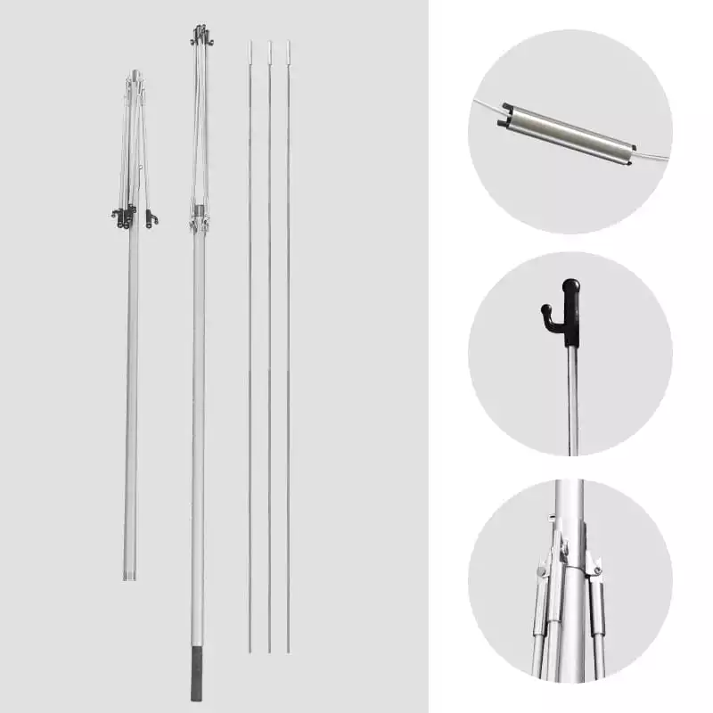 Accessory Components: Exploded view of tornado banner’s adjustable stand: telescopic silver metal rods, black hooks, and tripod base. Ideal for outdoor stability and easy assembly.