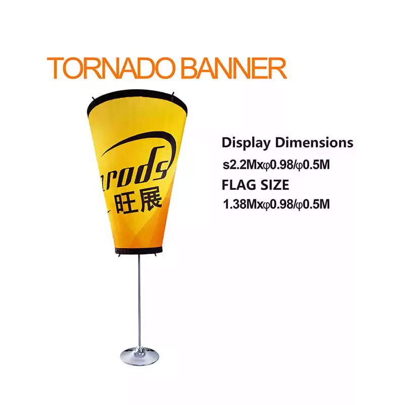 Tornado Banner: Yellow-and-black 3D cylinder display banner with bilingual branding (Chinese/English), mounted on a silver stand. Specifications: 2.2M/1.38M height × ø0.98M/ø0.5M diameter. Designed for exhibitions and retail spaces.