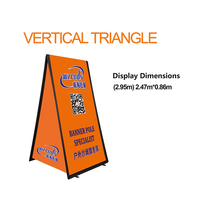 A foldable vertical square banner stand by wzrods displays bold orange branding. clean typography, and dimensions 2.47m × 0.86m, ideal for events, exhibitions, and outdoor promotions.