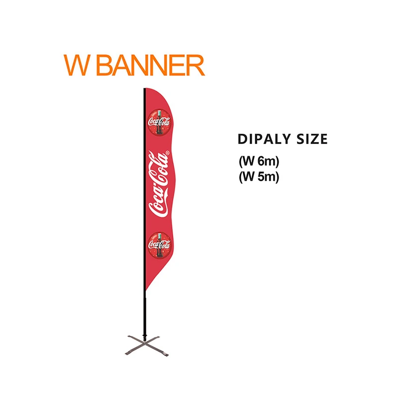 Red W-shaped wave flag with white Coca-Cola logo and text, supported by a black cross-base metal stand. Clear display of banner sizes (5m and 6m widths) against a bright white background, highlighting its vibrant promotional design for outdoor advertising.