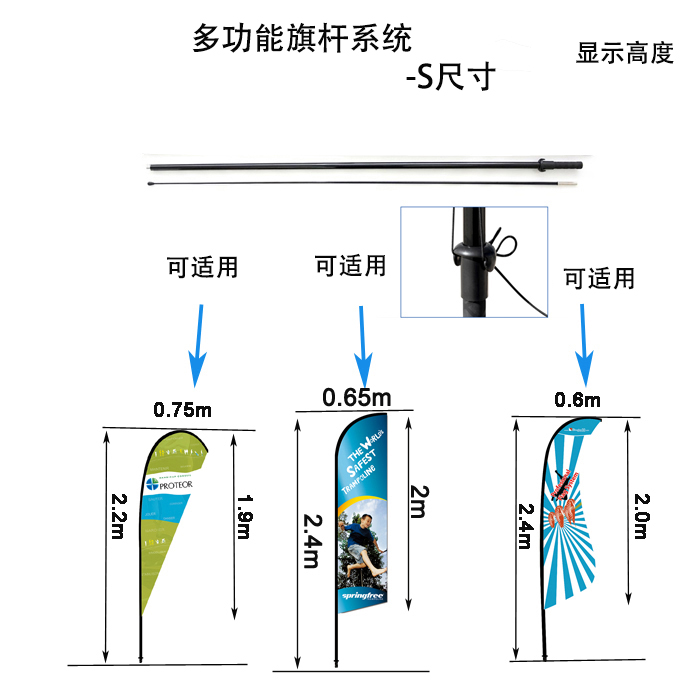 多功能旗杆系统适配:羽毛广告旗,沙滩广告旗,鲨鱼鳍形广告旗