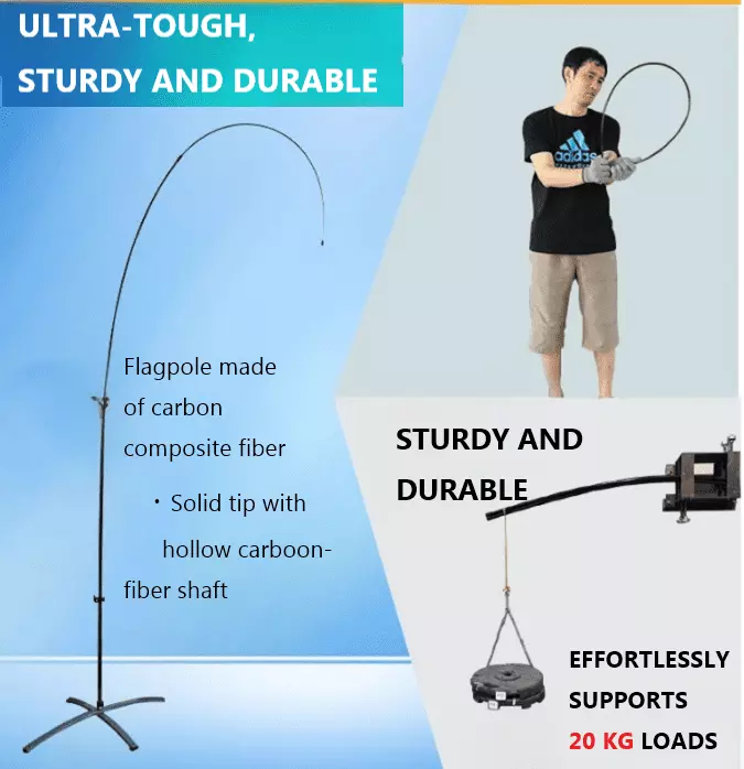 Ultra-durable WZRODScarbon fiber flagpoleWZRODS with '20 KG load capacity' text. Highlights WZRODShollow carbon-fiber shaftWZRODS, solid tip, and rugged design for wind resistance. Ideal for sports events, festivals, and outdoor advertising.