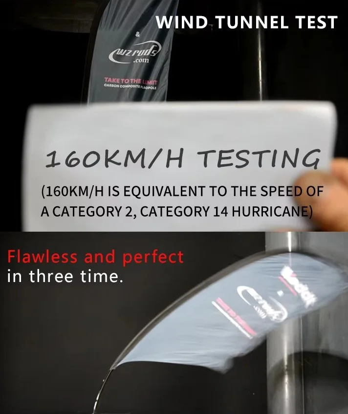 Sail flag pole undergoing rigorous 160 km/h wind tunnel testing, proving extreme durability.