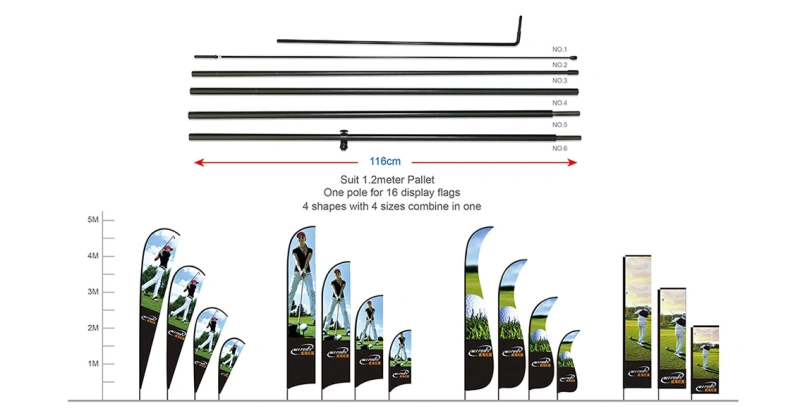 Diagram of windless feather flag pole parts and various flag sizes/shapes with golf-themed prints.