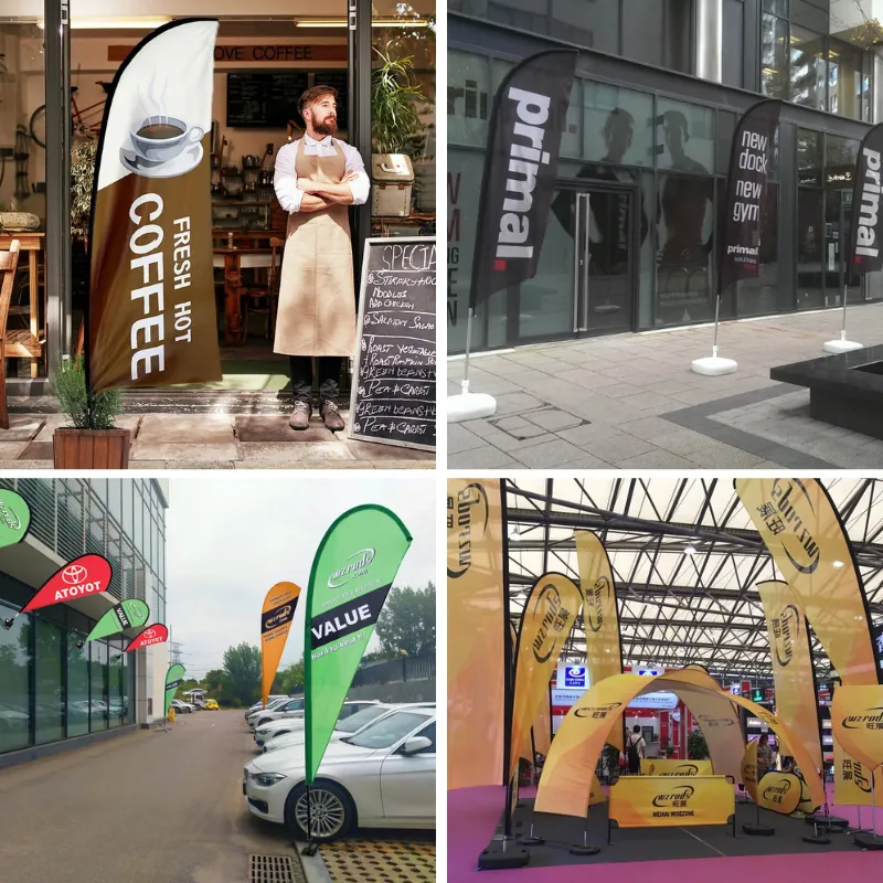 Drop flag usage collage: coffee shop, gym, car dealership, and trade show. Demonstrates versatile outdoor advertising.