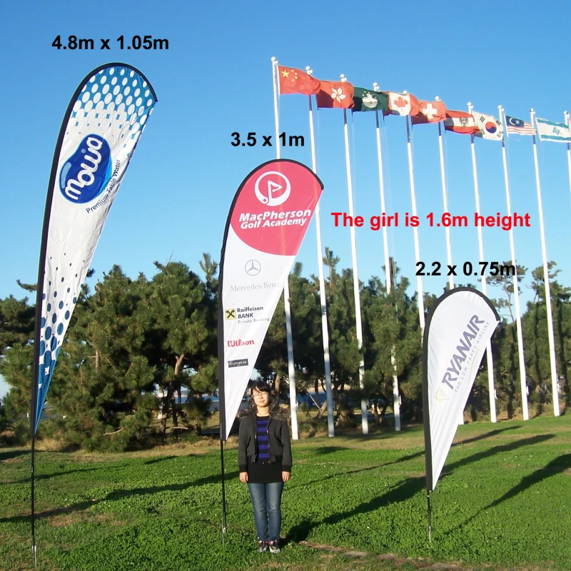 Multi-sized promotional flags (4.8m/3.5m/2.2m) with brand logos in open-air brand display area