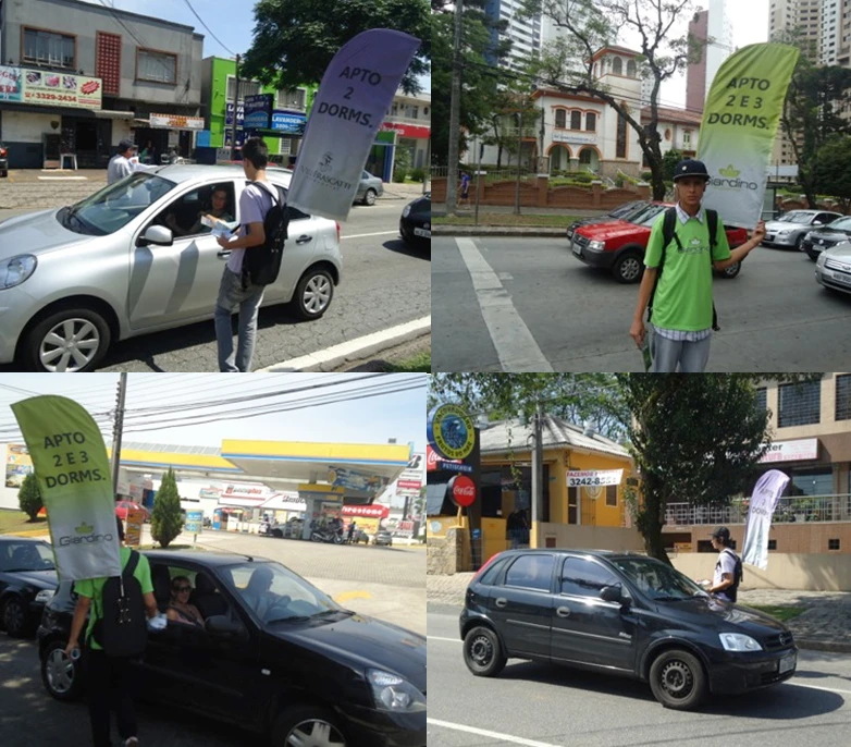 Promoter using WZRODS backpack flag for apartment rentals, handheld sign integration demonstrates hands-free mobility