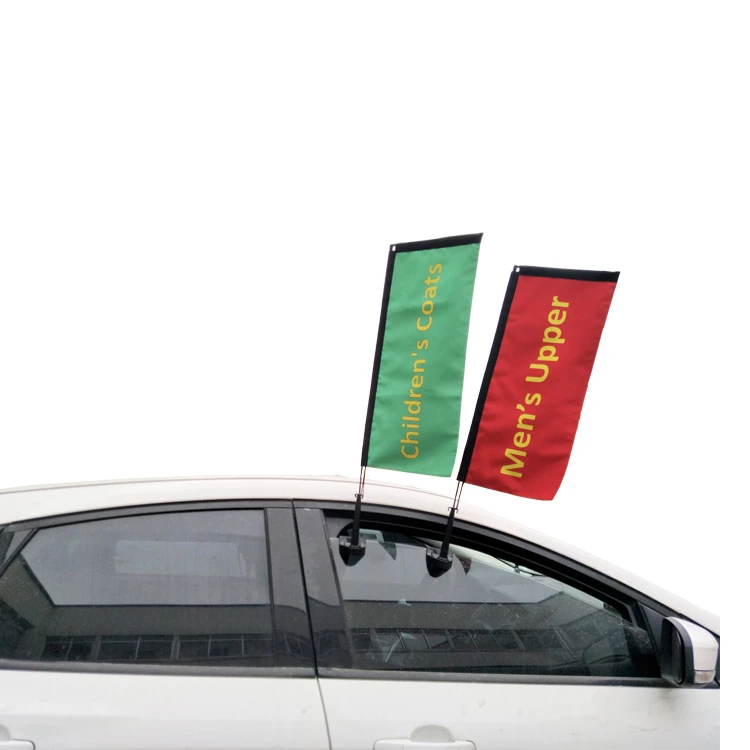 Green 'Children's Coats' & red 'Men's Upper' rectangular car window flags.