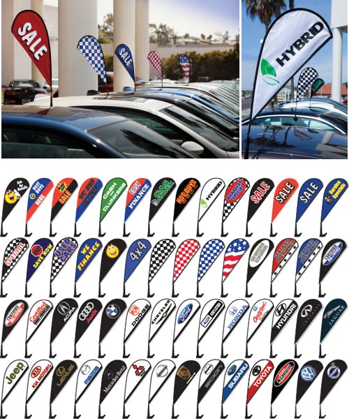 Vibrant car window flags with repeated 'SALE', 'HYBRID' texts, Jeep, Toyota logos, and multicolor patterns for auto sales promotions.