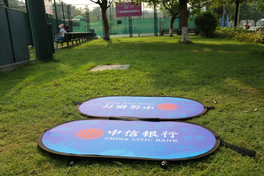 Blue China Citic Bank sideline banner on grass, highlighting brand presence at a sports venue.