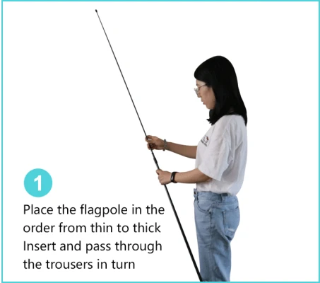 assemble feather flag step 1 Woman arranging flagpole sections from thin to thick for assembly