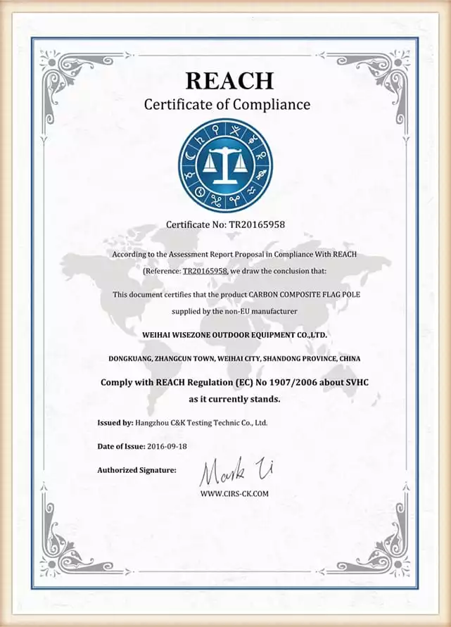 <b>REACH Compliance Certificate - Carbon Composite Flag Pole</b>
