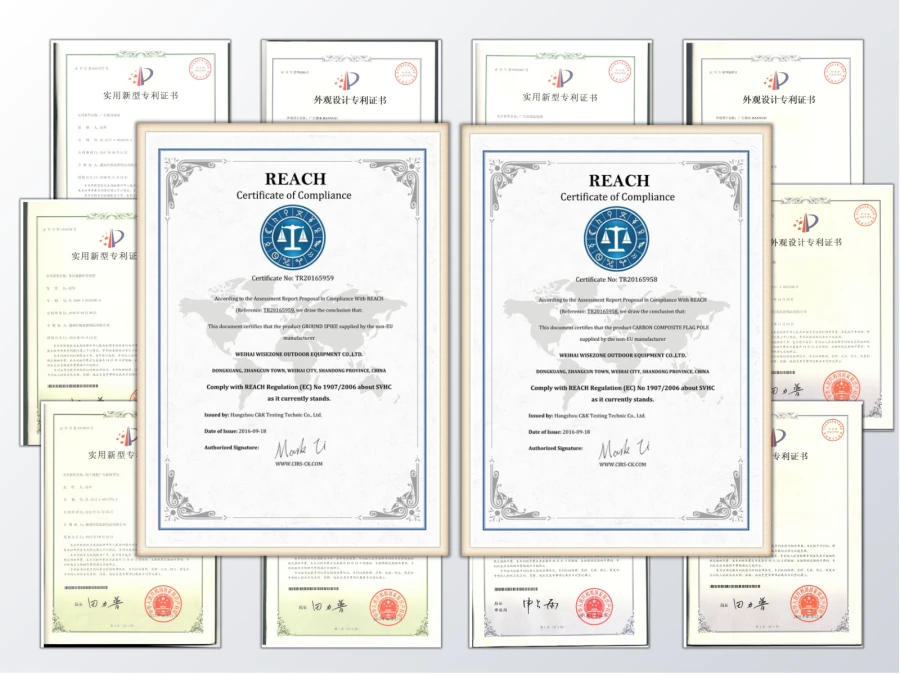 Safety and environmental compliance certificates including REACH and Prop 65